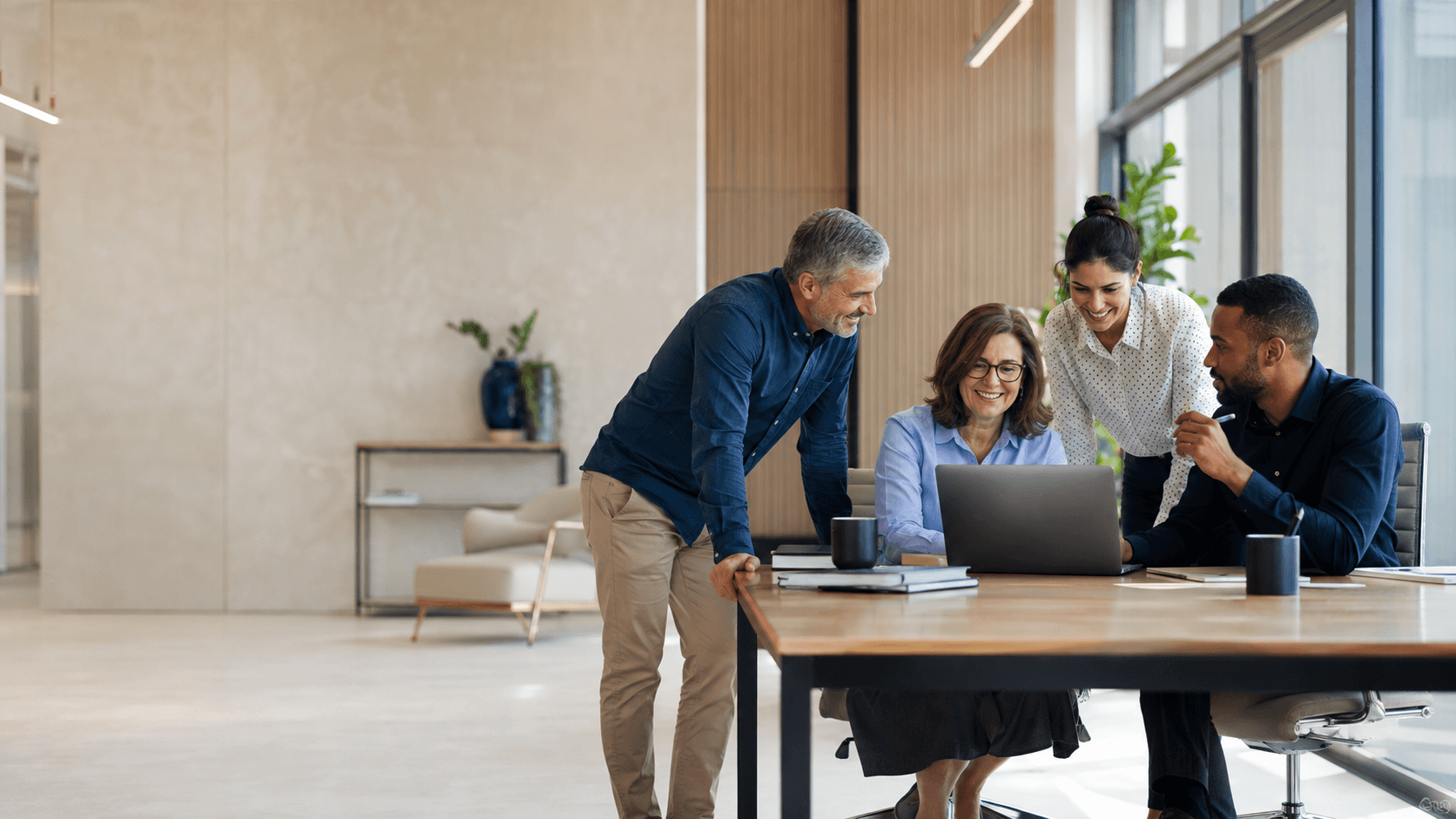 Equipe da Athena Office trabalhando em escritório com sinalização de inclusão e diversidade